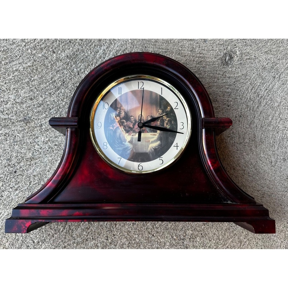 Vintage 90s Jesus Christ and the Last Supper Red Marble Mantel Clock - WORKS!